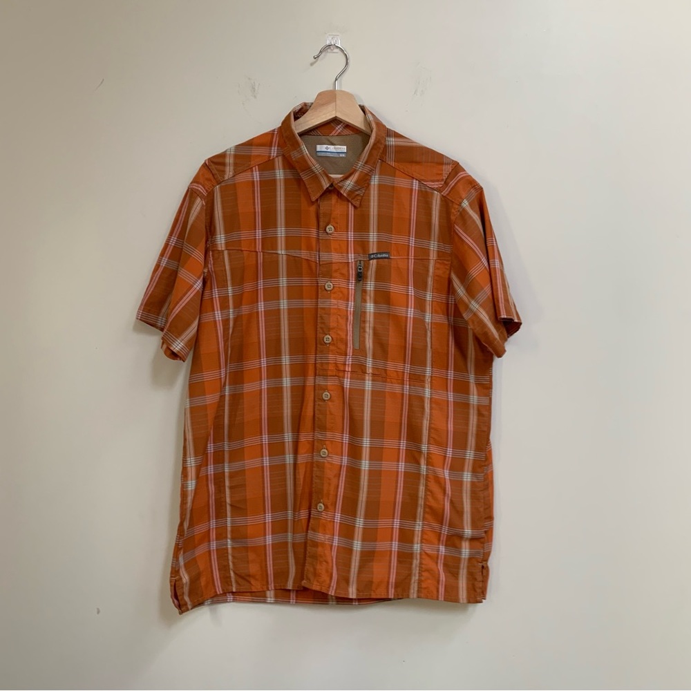 Columbia Vented Shirt Men Size M Orange Plaid Short Sleeve